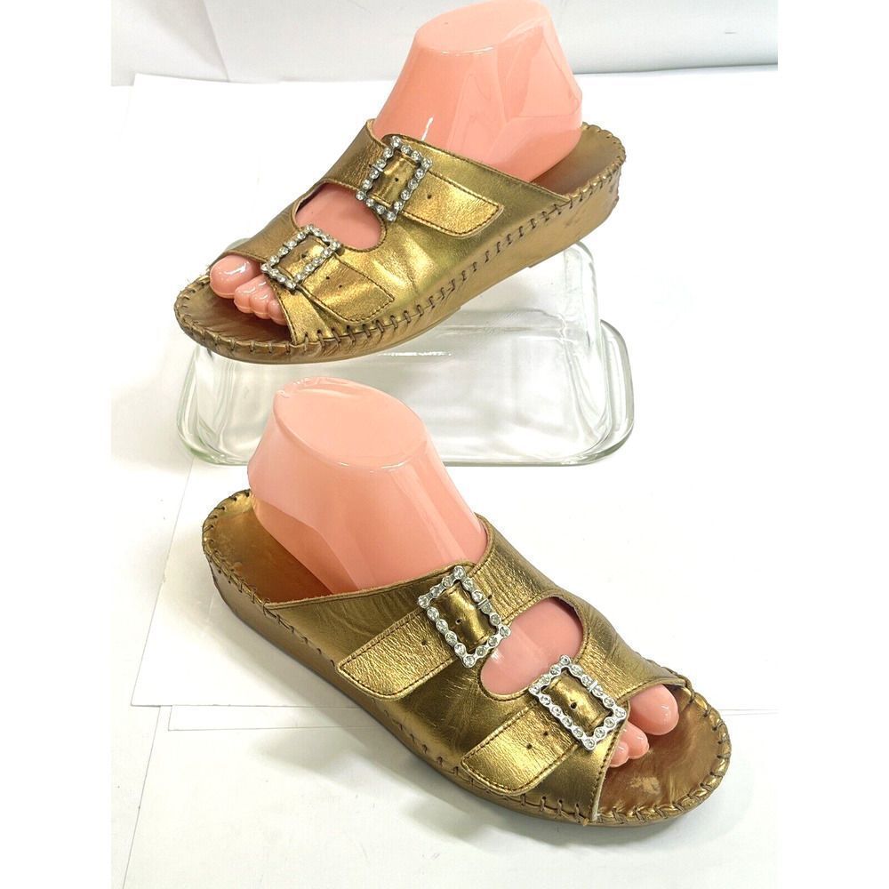 La Plume Gold Metallic Sandals Rhinestone Buckles Womens Size 39 EU 8.5 9 US